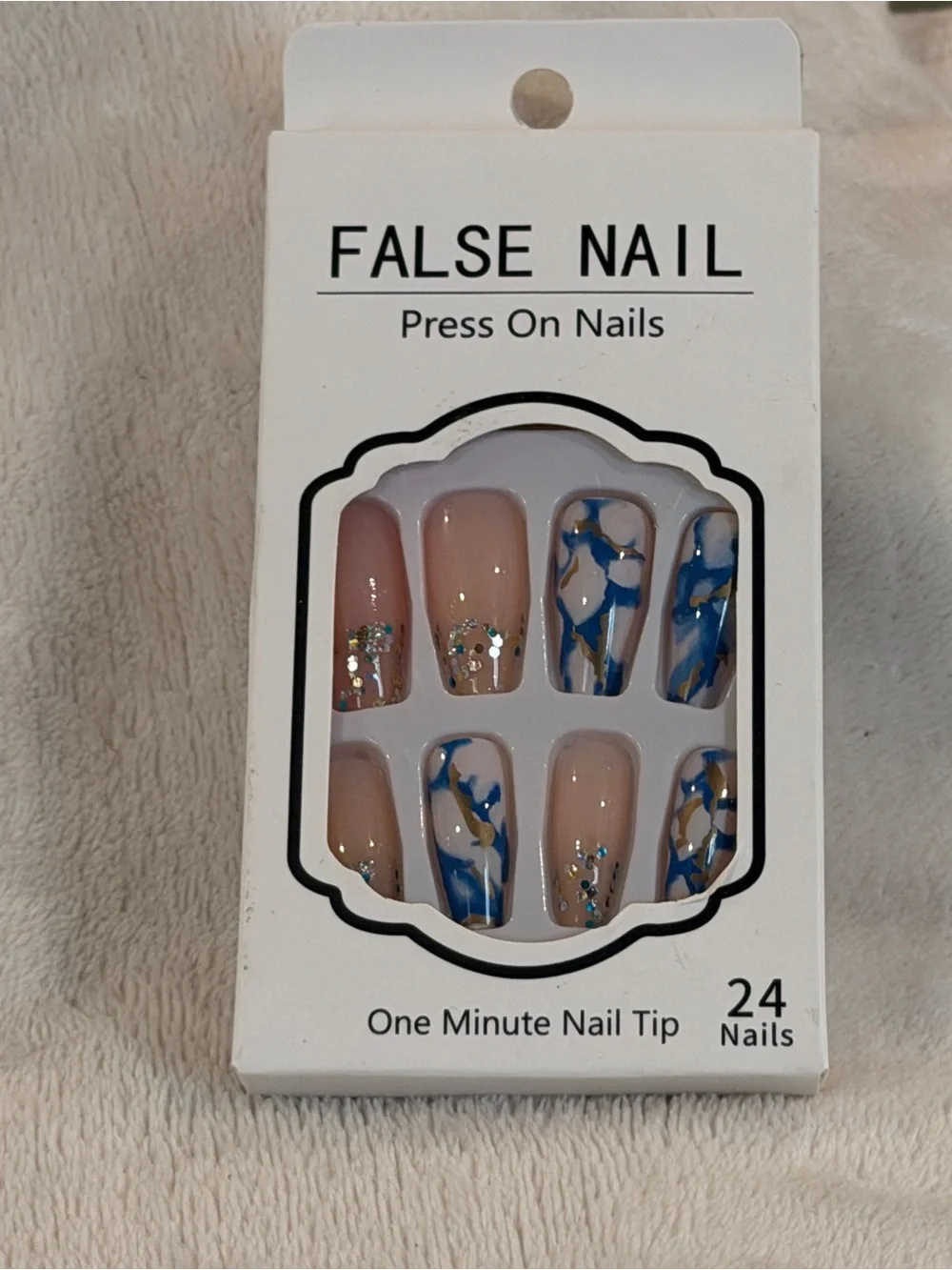 Blue Marble Gold Foil Press On Nails Nude Glitter Coffin Nail Set